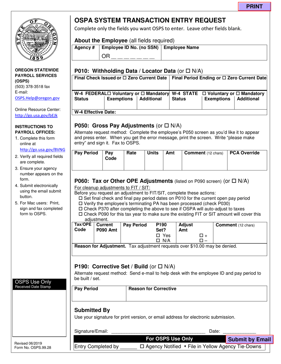 Form OSPS.99.28 Ospa System Transaction Entry Request - Oregon, Page 1
