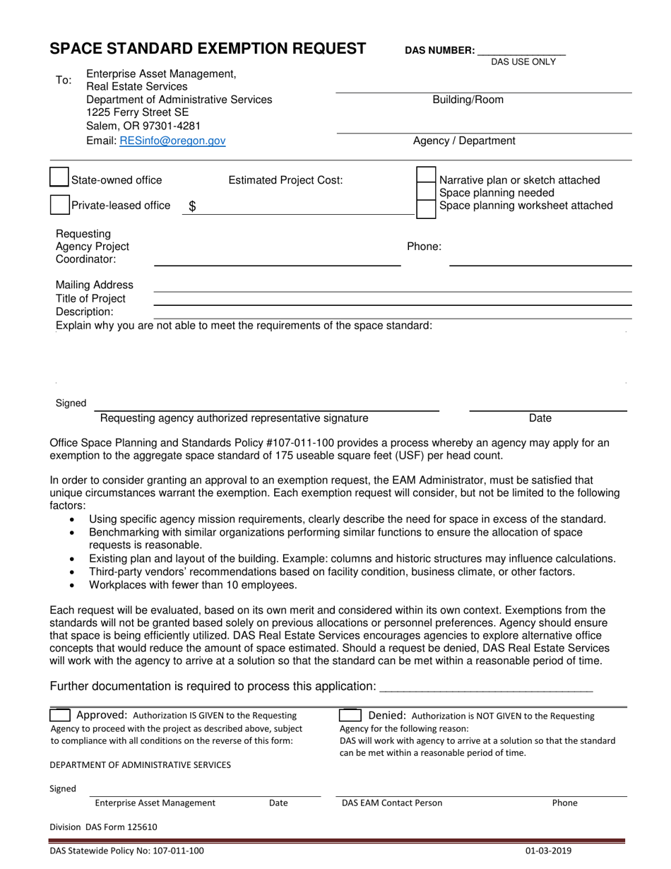 Form 125610 Space Standard Exemption Request - Oregon, Page 1