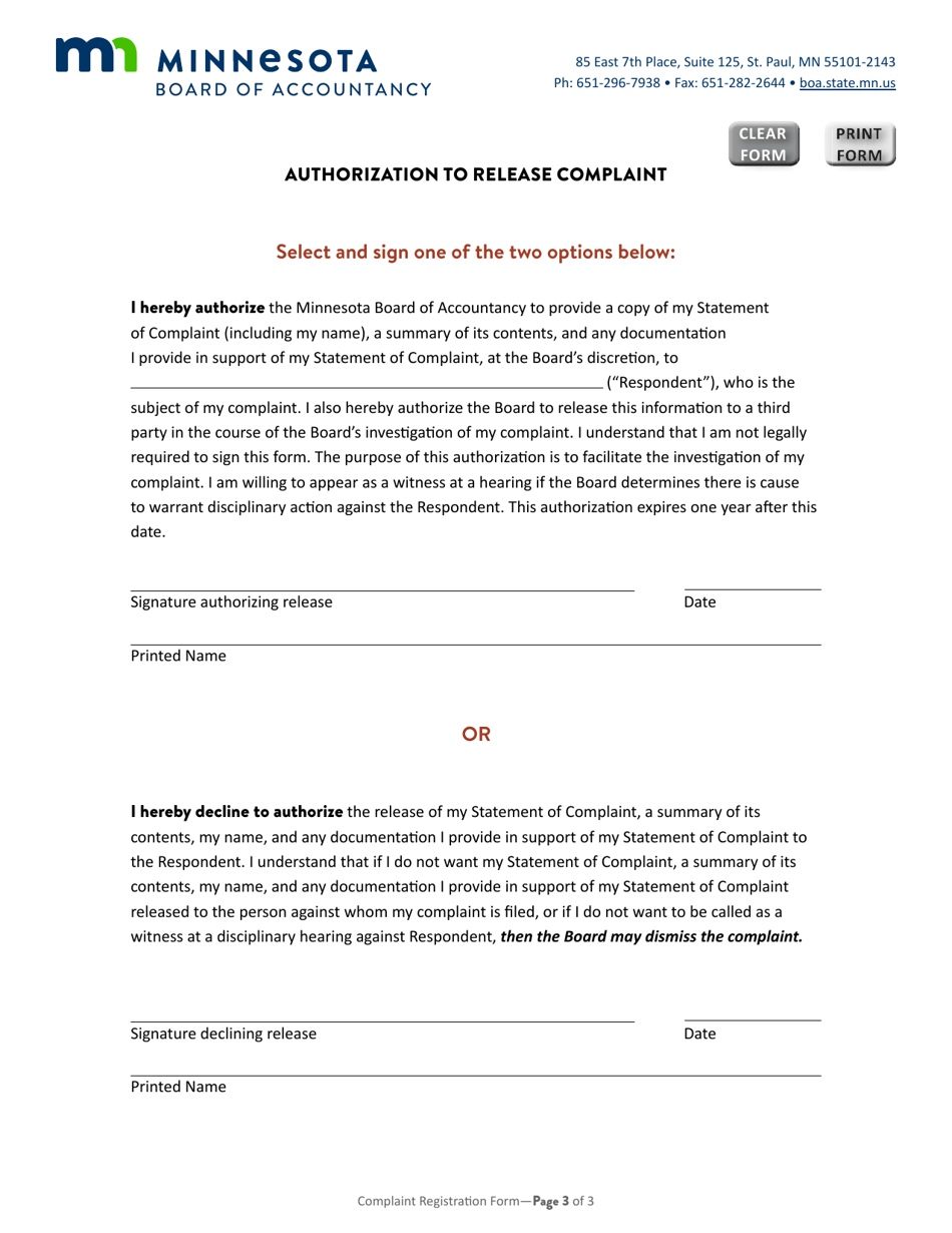 Complaint Registration Form - Minnesota, Page 3