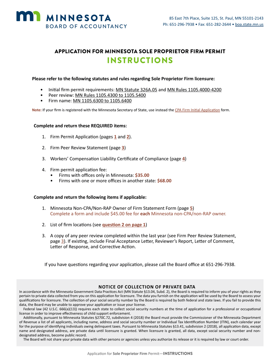 Minnesota Application for Minnesota Sole Proprietor Firm Permit