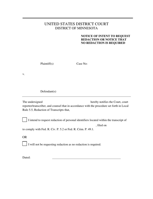 Notice of Intent to Request Redaction or Notice That No Redaction Is Required - Minnesota Download Pdf