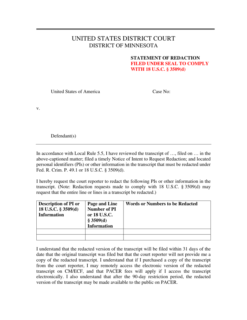 Statement of Redaction Filed Under Seal to Comply With 18 U.s.c. 3509(D) - Minnesota, Page 1