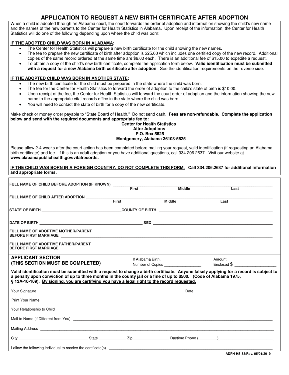 Form ADPH-HS-88 Application to Request a New Birth Certificate After Adoption - Alabama, Page 1