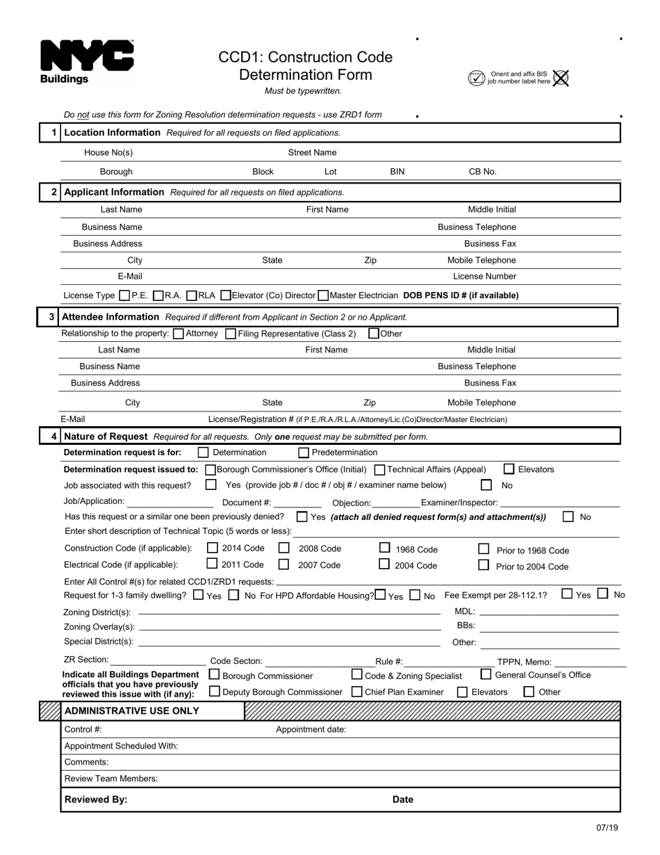 Form CCD1 Construction Code Determination Form - New York City, Page 1