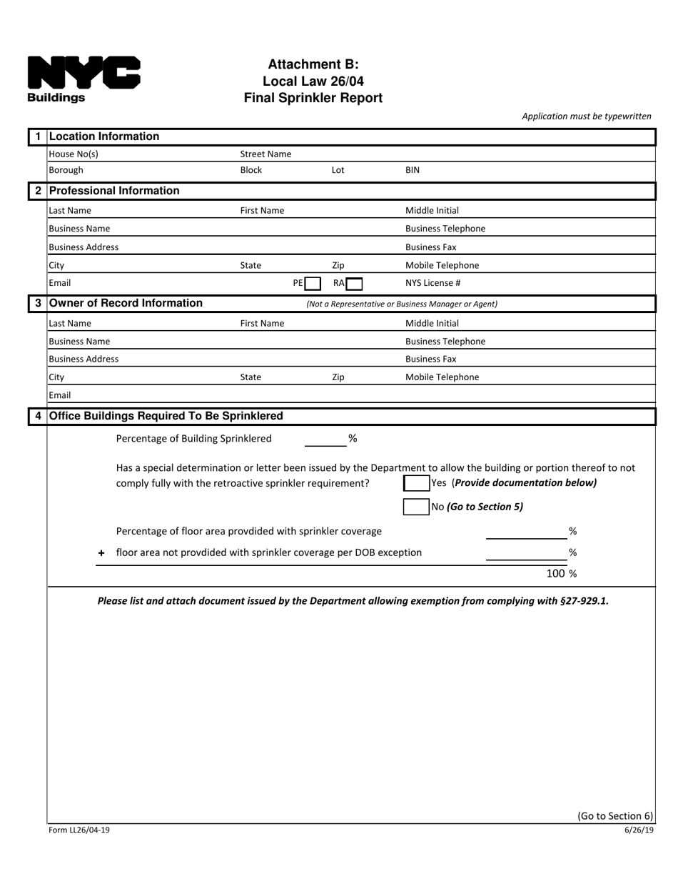 Form LL26 Attachment B Local Law 26 / 04 Final Sprinkler Report - New York City, Page 1