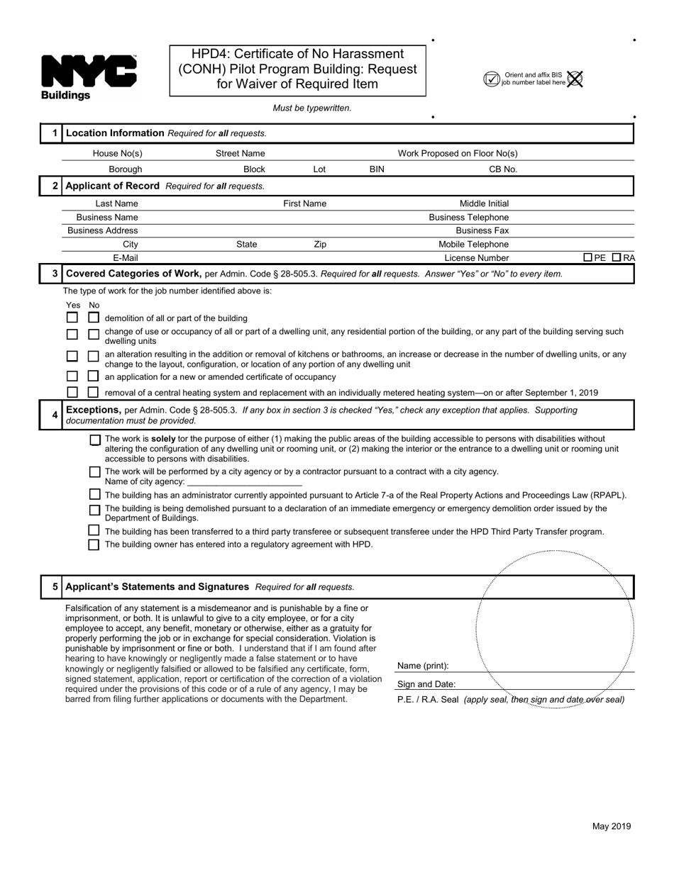 Form HPD4 Certificate of No Harassment (CONH) Pilot Program Building: Request for Waiver of Required Item - New York City, Page 1