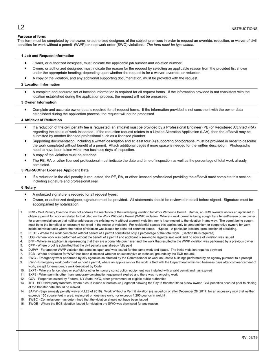 Instructions for Form L2 Requests for Overrides, Reductions, or Waivers of Civil Penalties for Work Without a Permit and Stop Work Order Violations - New York City, Page 1