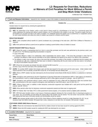 Document preview: Form L2 Requests for Overrides, Reductions or Waivers of Civil Penalties for Work Without a Permit and Stop Work Order Violations - New York City