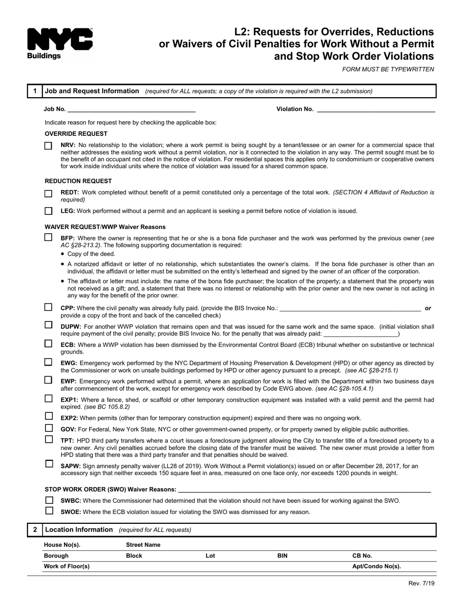 Form L2 Requests for Overrides, Reductions or Waivers of Civil Penalties for Work Without a Permit and Stop Work Order Violations - New York City, Page 1