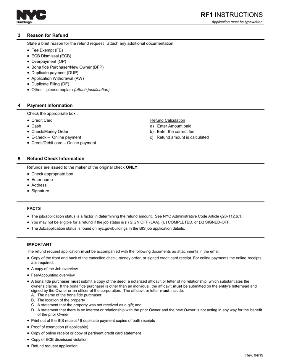 Instructions for Form RF1 Refund Request Application - New York City, Page 2