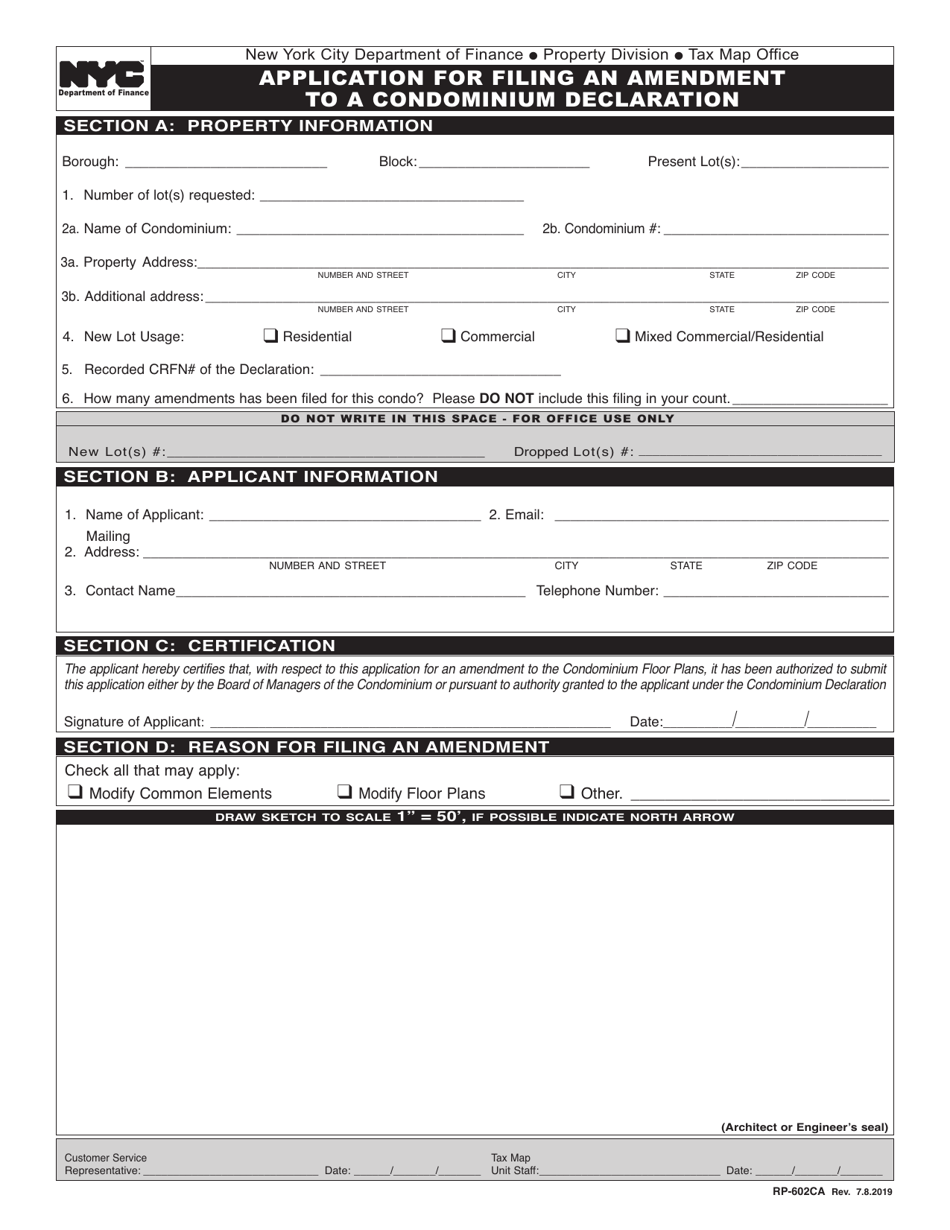 Form RP-602CA Application for Filing an Amendment to a Condominium Declaration - New York City, Page 1