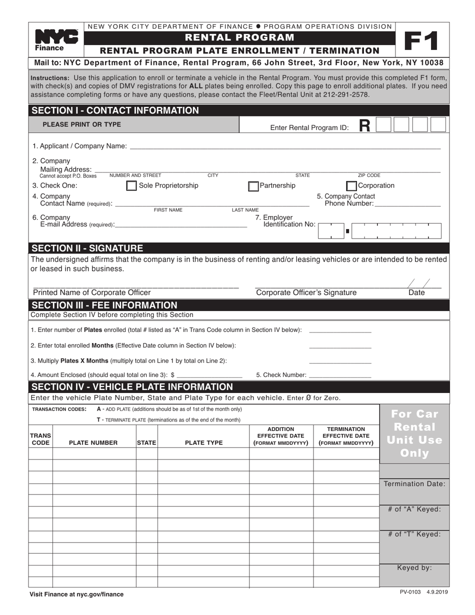 Form F1 (PV-0103) Rental Program Plate Enrollment / Termination - New York City, Page 1
