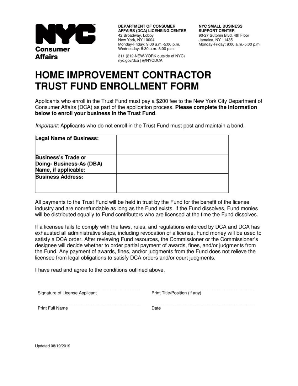 Home Improvement Contractor Trust Fund Enrollment Form - New York City, Page 1
