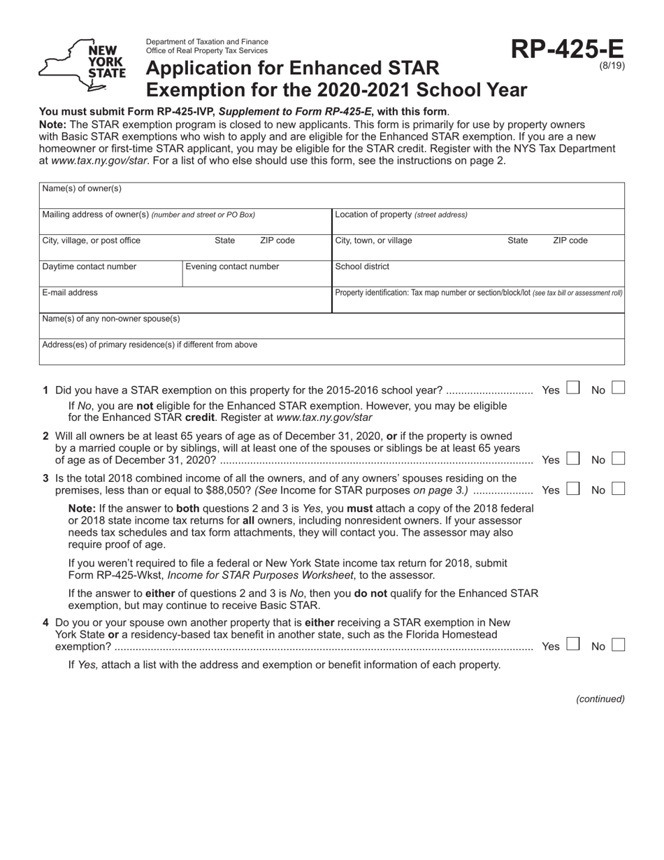 Form RP-425-E Application for Enhanced Star Exemption - New York, Page 1