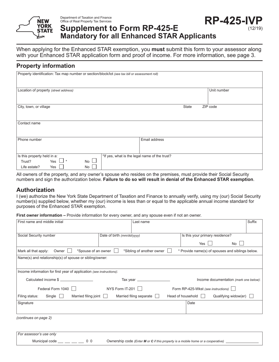Form RP-425-IVP Supplement to Form Rp-425-e - New York, Page 1