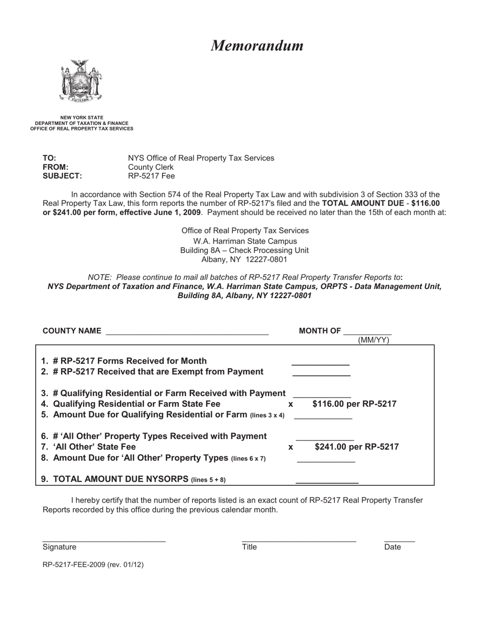 Form RP-5217-FEE Fee Form Used by County Clerks for Transmitting Rp-5217 Fees to Orpts - New York, Page 1