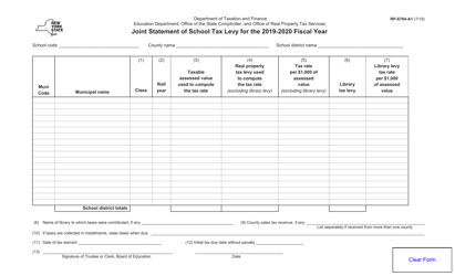 Form RP-6704-A1 Joint Statement of School Tax Levy - New York