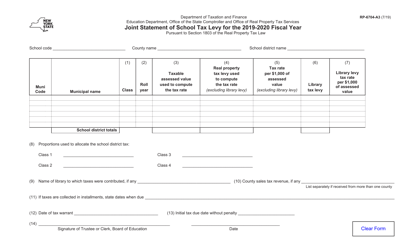 Form RP-6704-A3 Joint Statement of School Tax Levy - New York