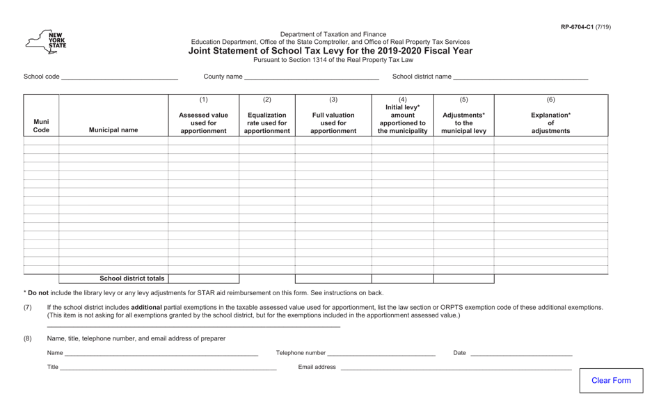 Form RP-6704-C1 Joint Statement of School Tax Levy - New York, Page 1