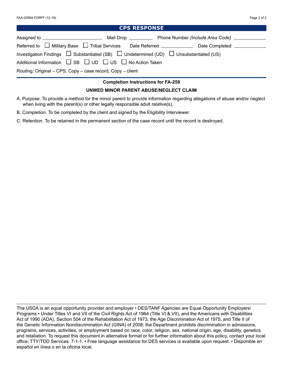 Form FAA-0259A Unwed Minor Parent Abuse / Neglect Claim - Arizona, Page 2