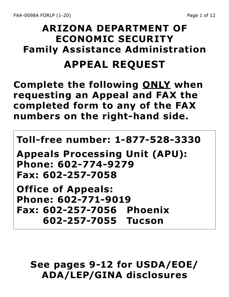 Form FAA-0098A-LP Appeal Request (Large Print) - Arizona, Page 1