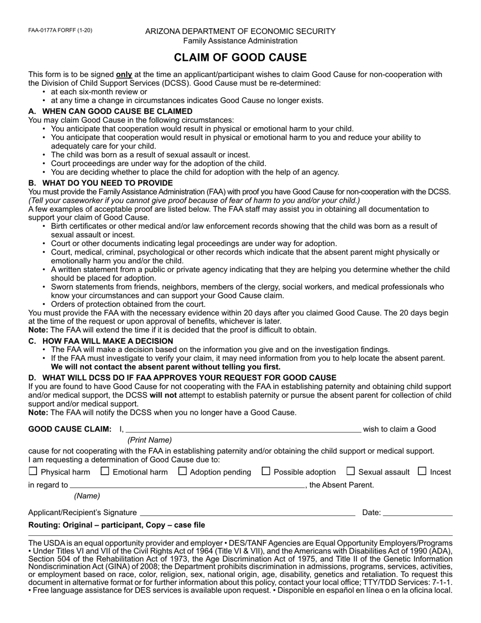 Form FAA-0177A Claim of Good Cause - Arizona (English / Spanish), Page 1