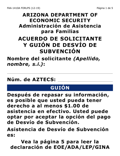 Formulario FAA-1410A-LPS Acuerdo De Solicitante Y Guion De Desvio De Subvencion (Letra Grande) - Arizona (Spanish)