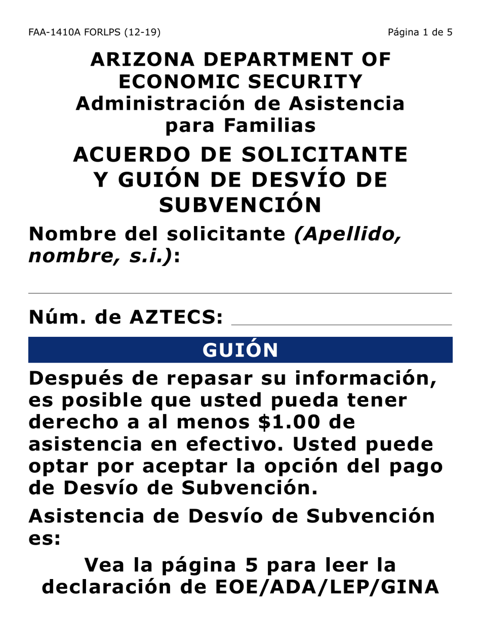 Formulario FAA-1410A-LPS Acuerdo De Solicitante Y Guion De Desvio De Subvencion (Letra Grande) - Arizona (Spanish), Page 1