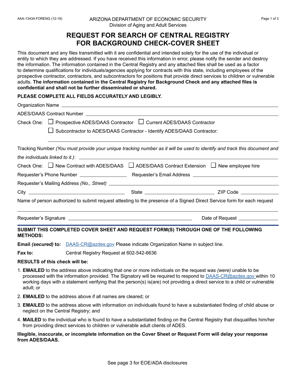 Form AAA-1343A Request for Search of Central Registry for Background Check-Cover Sheet - Arizona, Page 1