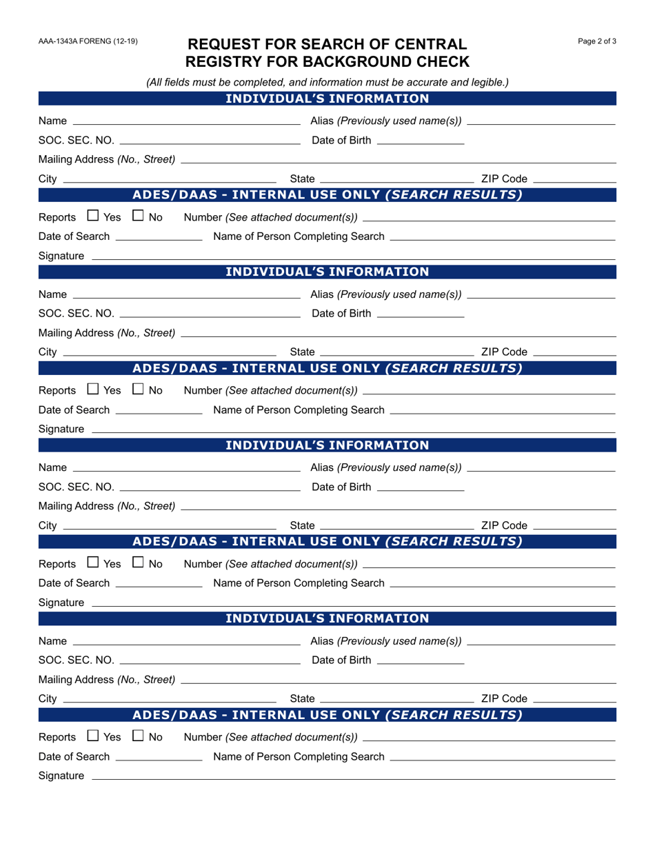 Form AAA-1343A Request for Search of Central Registry for Background Check-Cover Sheet - Arizona, Page 2