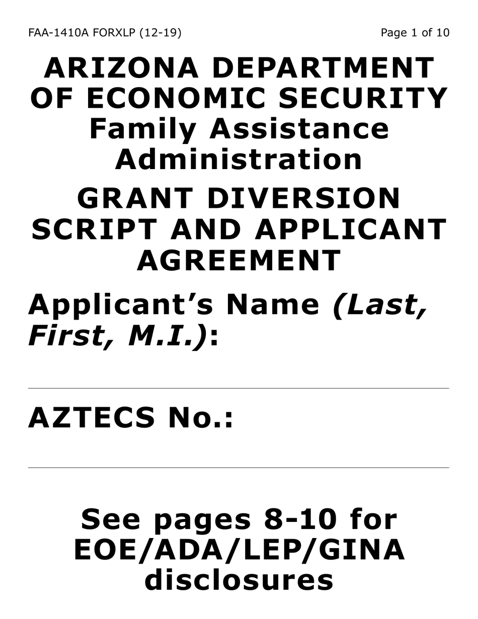 Form FAA-1410A-XLP Grant Diversion Script and Applicant Agreement (Extra Large Print) - Arizona, Page 1