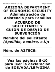 Document preview: Formulario FAA-1410A-XLPS Acuerdo De Solicitante Y Guion De Desvio De Subvencion (Letra Extra Grande) - Arizona (Spanish)
