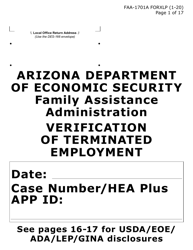 Document preview: Form FAA-1701A-XLP Verification of Terminated Employment (Extra Large Print) - Arizona (English/Spanish)