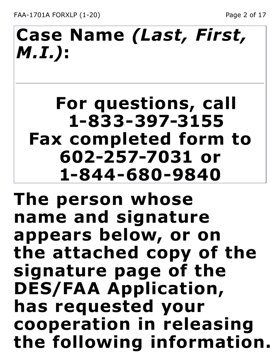 Form FAA-1701A-XLP Verification of Terminated Employment (Extra Large Print) - Arizona (English / Spanish), Page 2
