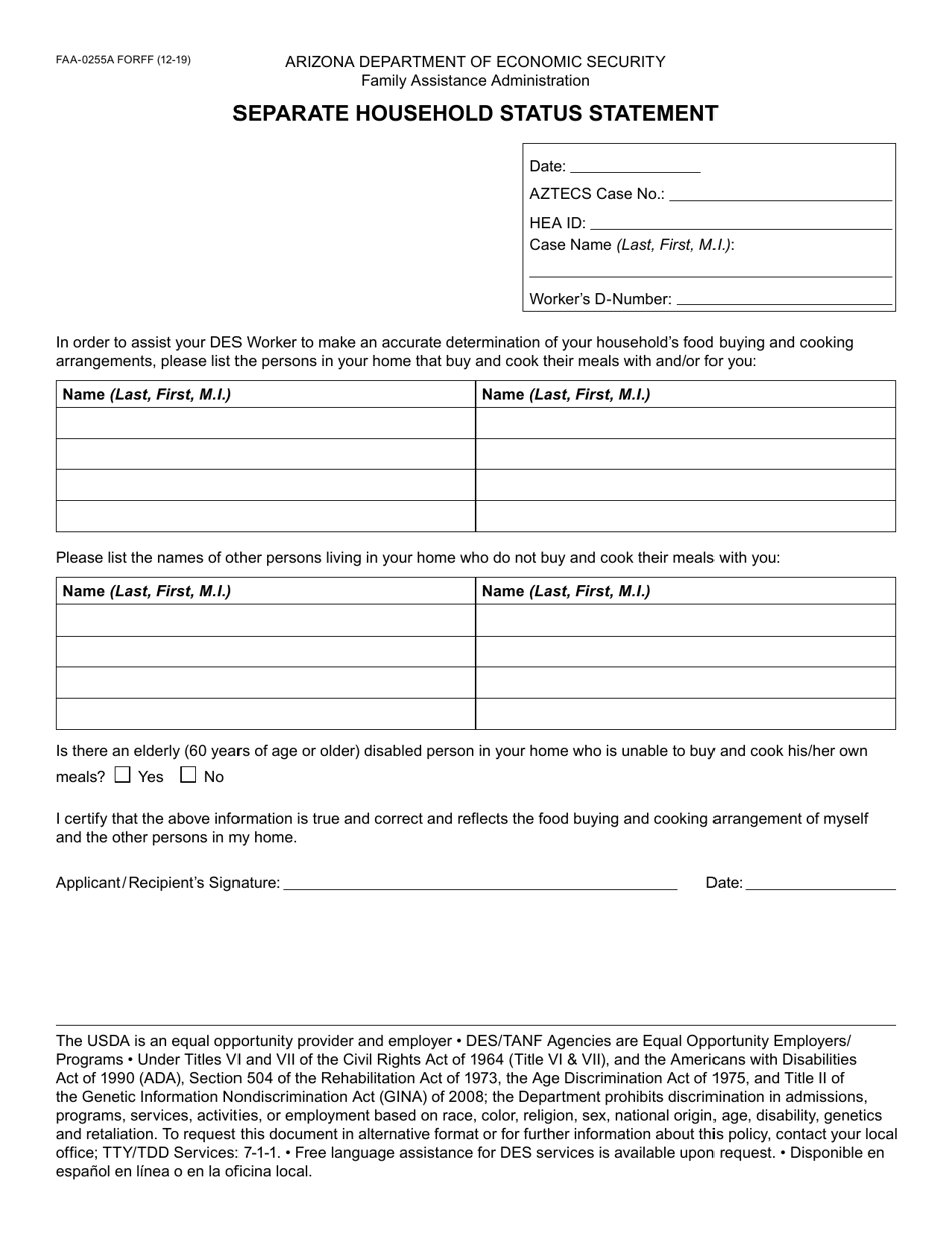 Form FAA-0255A Separate Household Status Statement - Arizona, Page 1