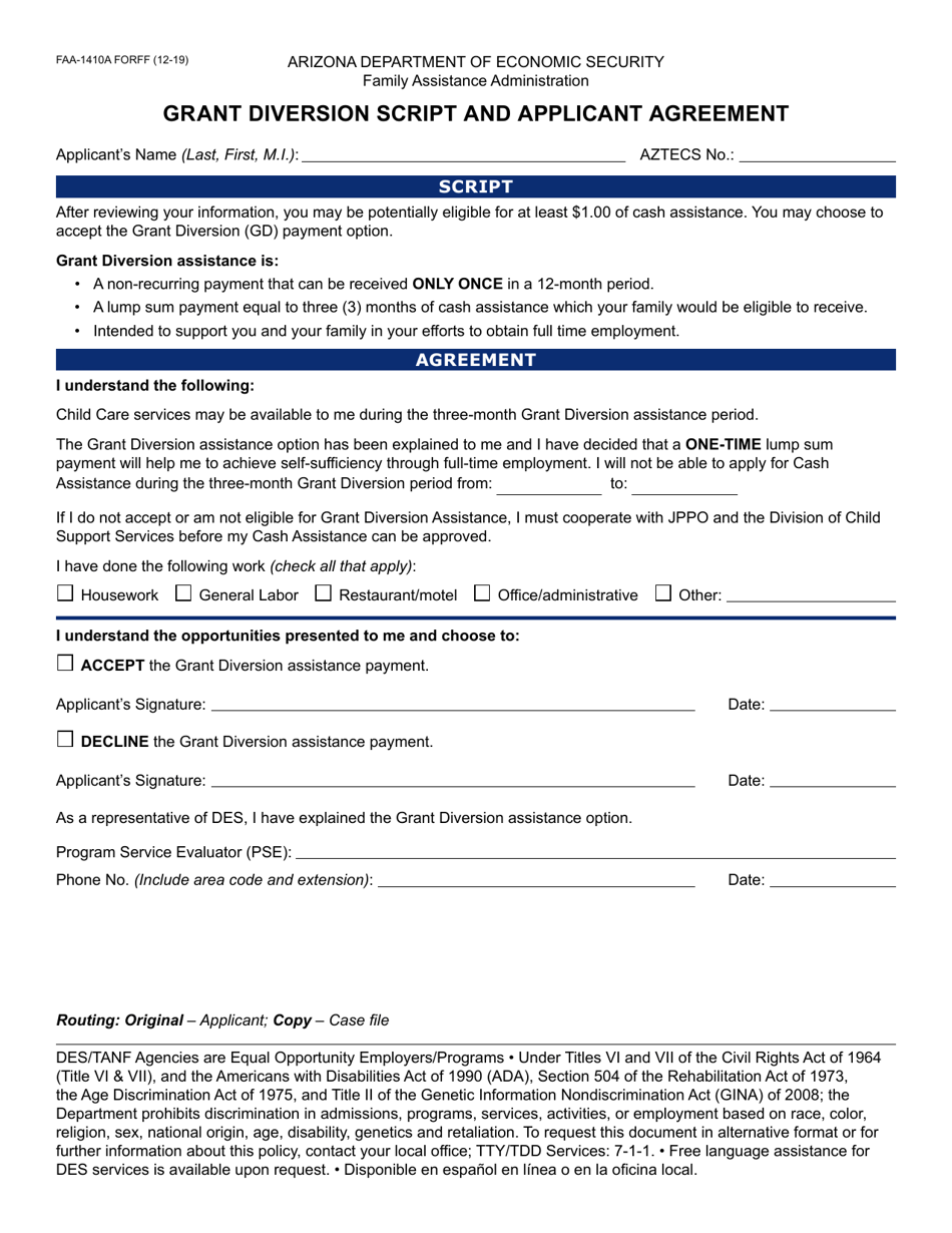 Form FAA-1410A Grant Diversion Script and Applicant Agreement - Arizona, Page 1