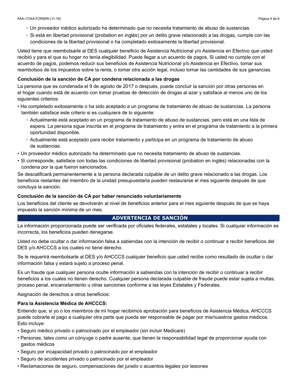 Formulario FAA-1724A-S Paginas De Firma De La Solicitud - Arizona (Spanish), Page 4