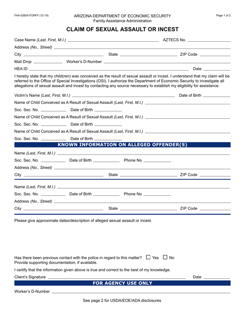 Form FAA-0260A Claim of Sexual Assault or Incest - Arizona