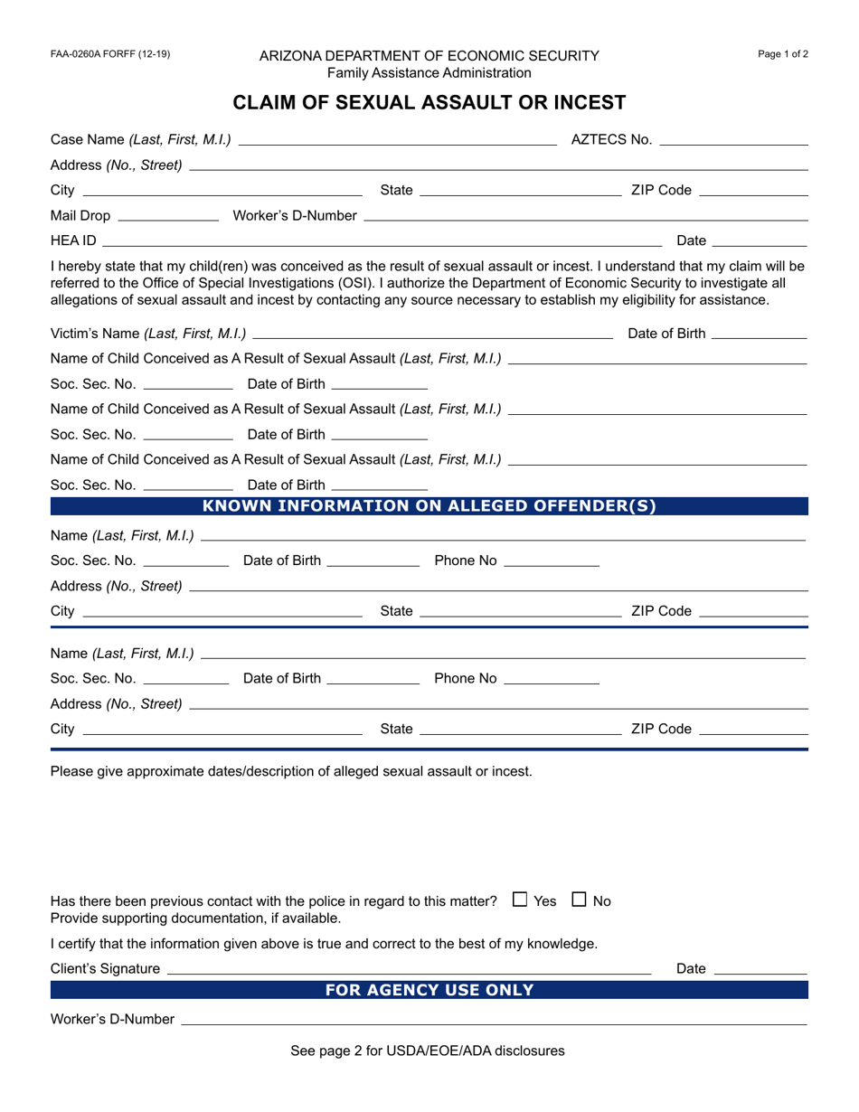 Form FAA-0260A Claim of Sexual Assault or Incest - Arizona, Page 1