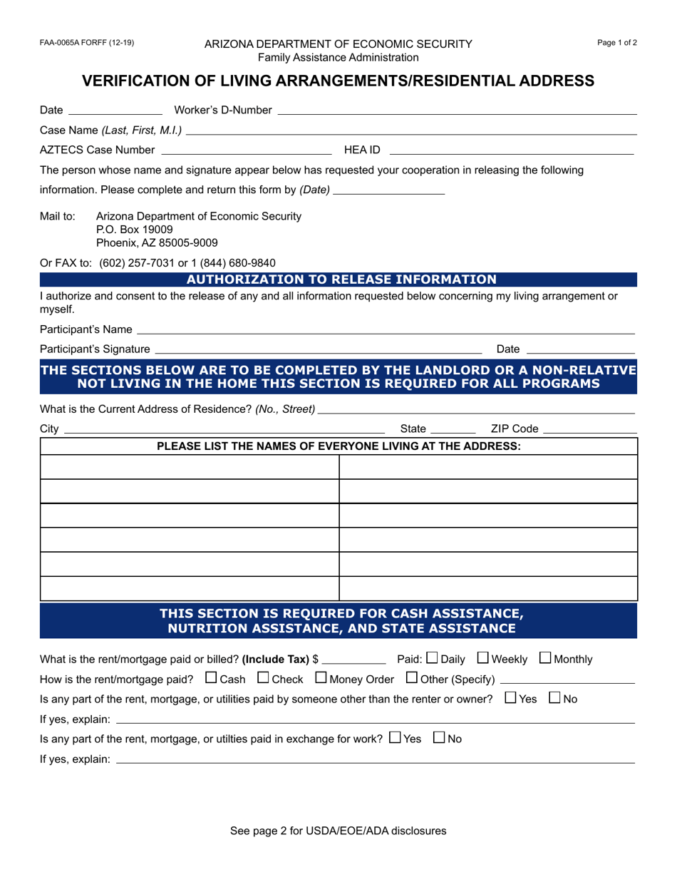 Form FAA-0065A Verification of Living Arrangements / Residential Address - Arizona, Page 1