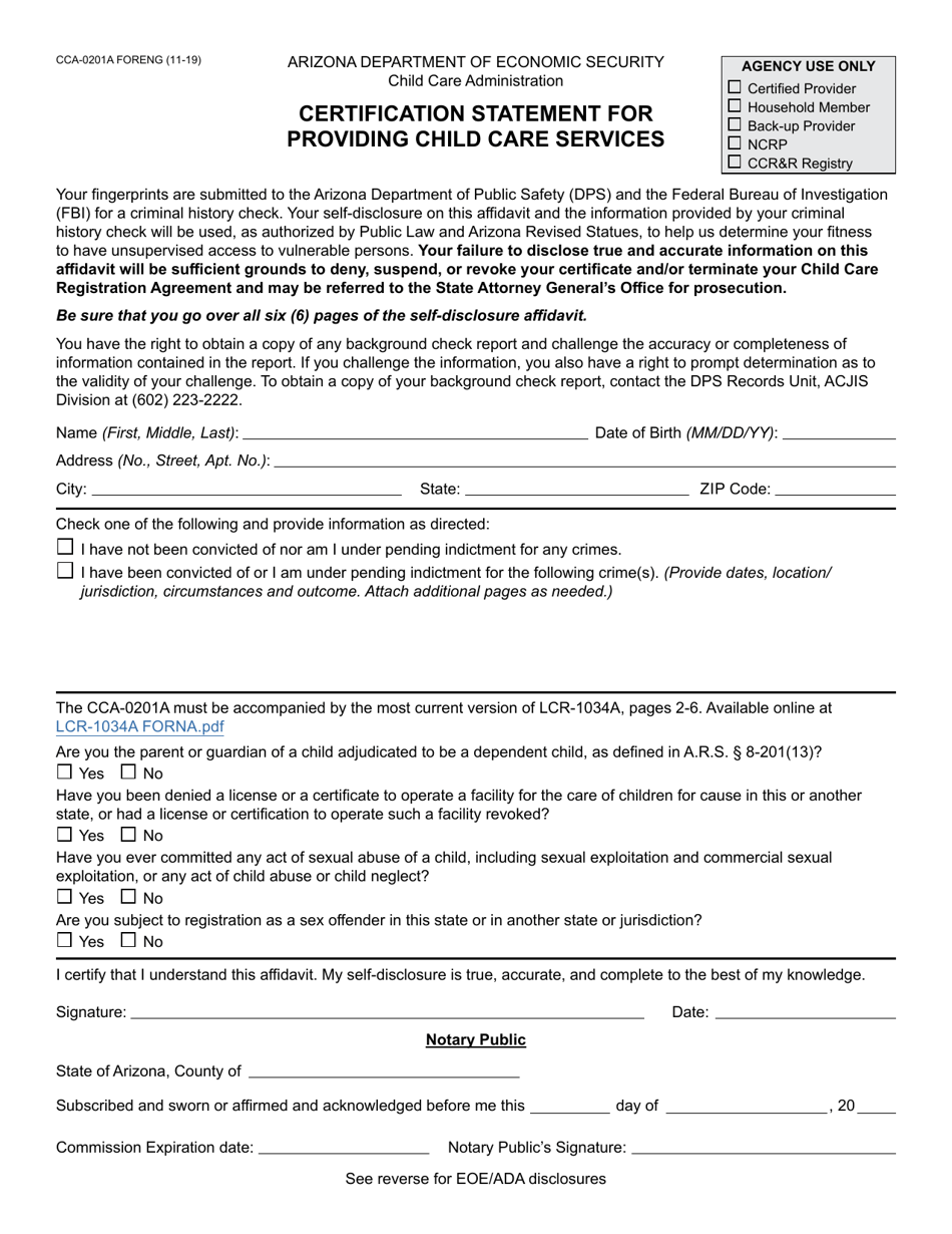 Form CCA-0201A Certification Statement for Providing Child Care Services - Arizona, Page 1