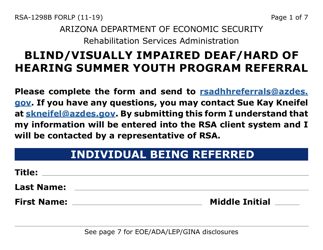 Form RSA-1298B-LP Blind/Visually Impaired Deaf/Hard of Hearing Summer Youth Program Referral (Large Print) - Arizona