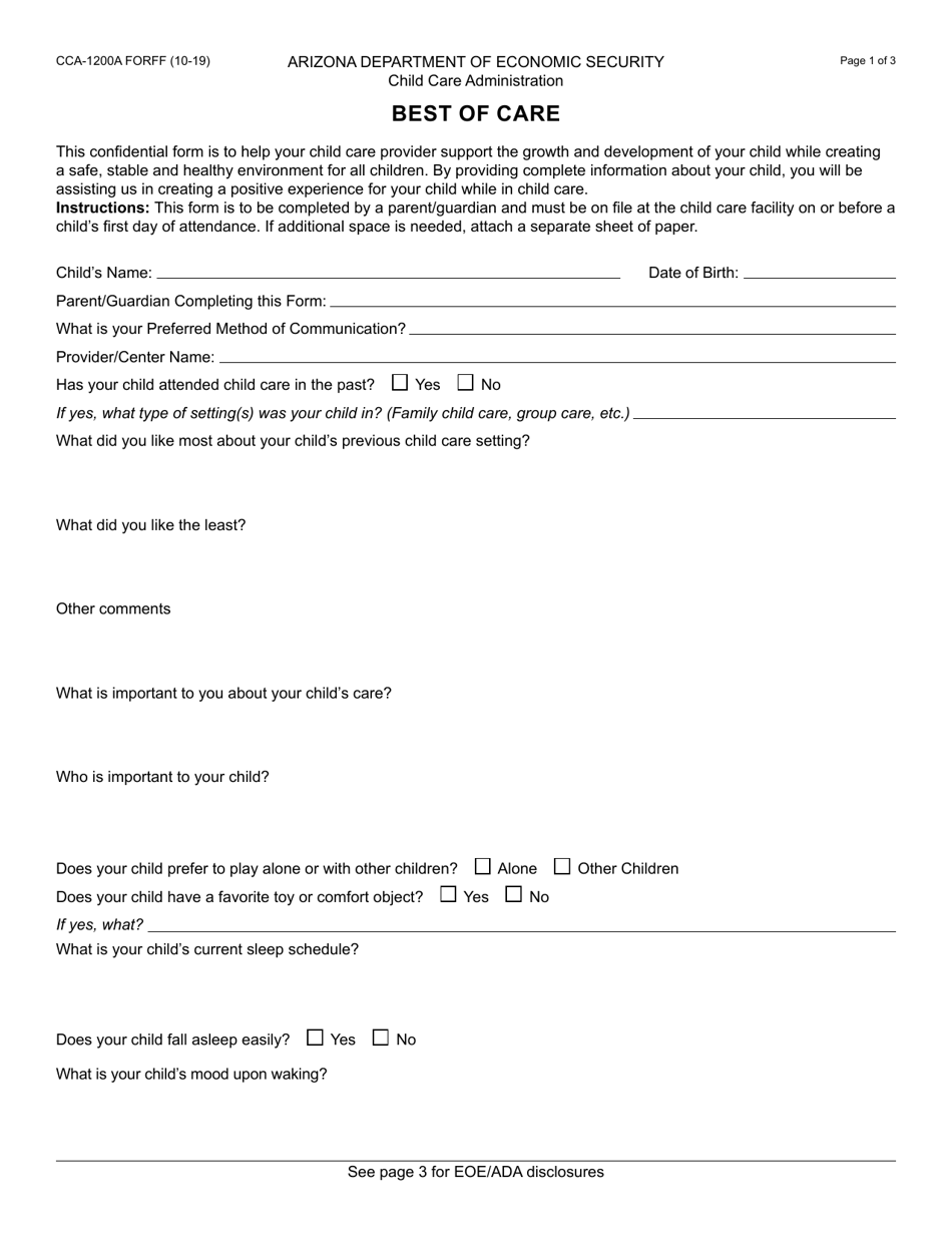 Form CCA-1200A Best of Care - Arizona, Page 1