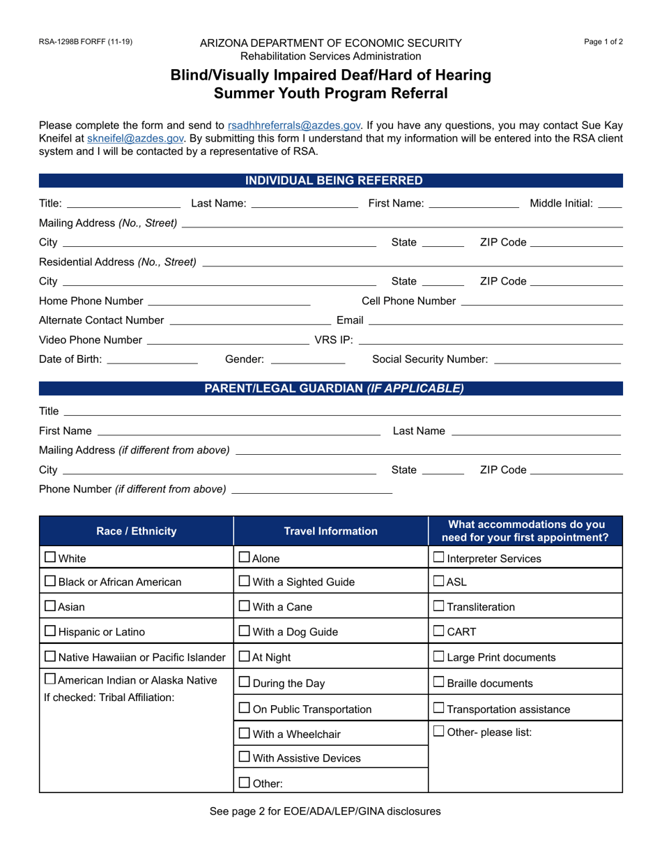 Form RSA-1298B Blind / Visually Impaired Deaf / Hard of Hearing Summer Youth Program Referral - Arizona, Page 1