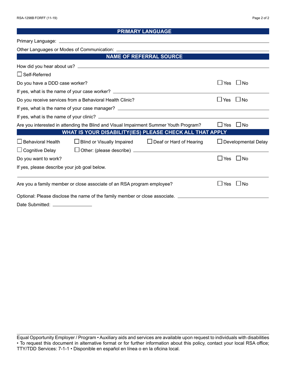 Form RSA-1298B Blind / Visually Impaired Deaf / Hard of Hearing Summer Youth Program Referral - Arizona, Page 2