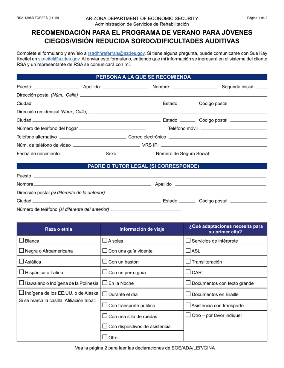 Formulario RSA-1298B-S Recomendacion Para El Programa De Verano Para Jovenes Ciegos / Vision Reducida Sordo / Dificultades Auditivas - Arizona (Spanish), Page 1