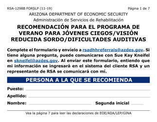 Document preview: Formulario RSA-1298B-LPS Recomendacion Para El Programa De Verano Para Jovenes Ciegos/Vision Reducida Sordo/Dificultades Auditivas (Letra Grande) - Arizona (Spanish)