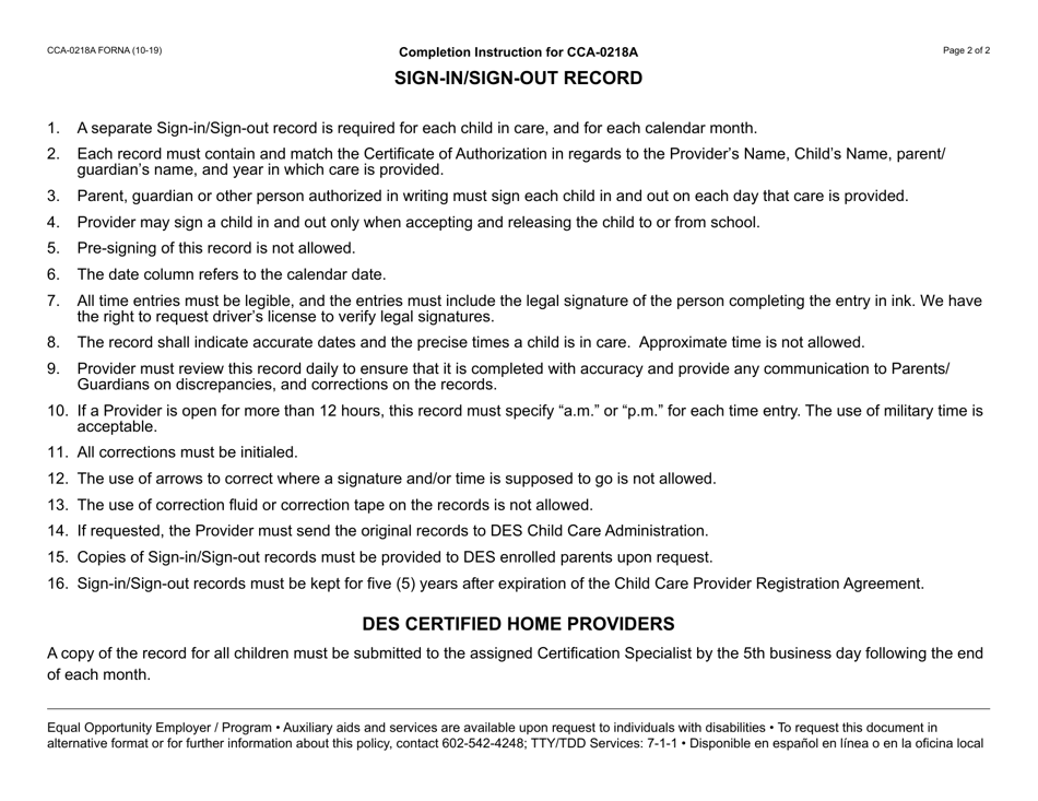 Form CCA-0218A Sign-In / Sign-Out Record - Arizona, Page 2