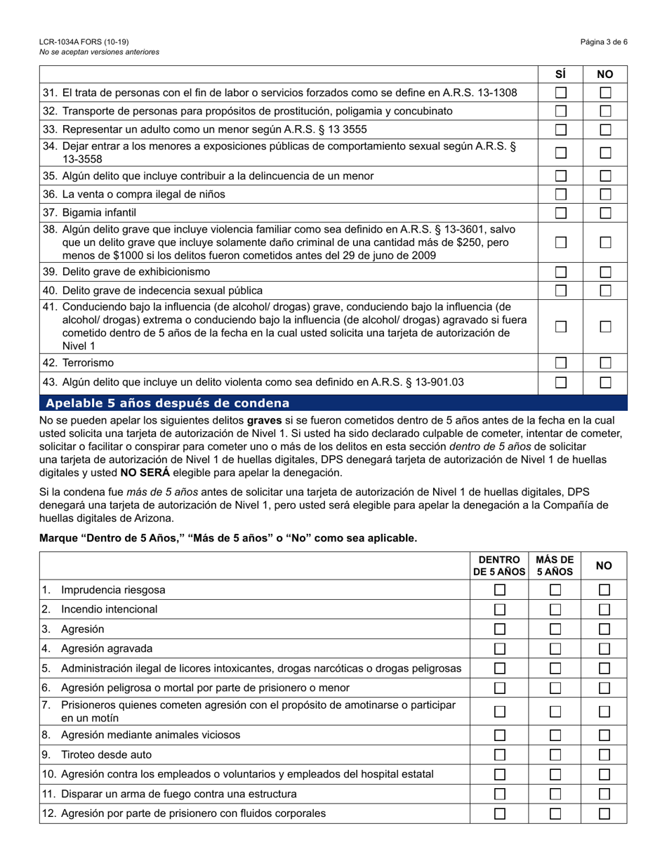 Formulario LCR-1034A-S Afidavit De Auto Revelacion De La Historial Criminal - Arizona (Spanish), Page 3