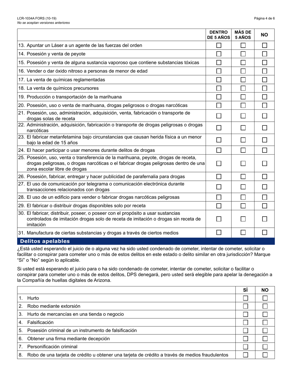 Formulario LCR-1034A-S Afidavit De Auto Revelacion De La Historial Criminal - Arizona (Spanish), Page 4